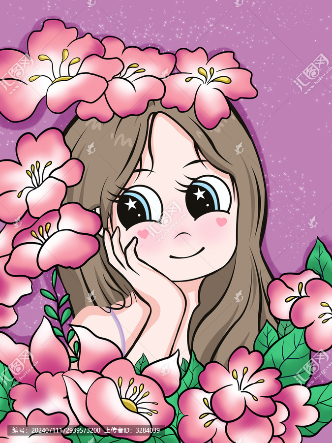 可愛溫馨花朵女孩插畫