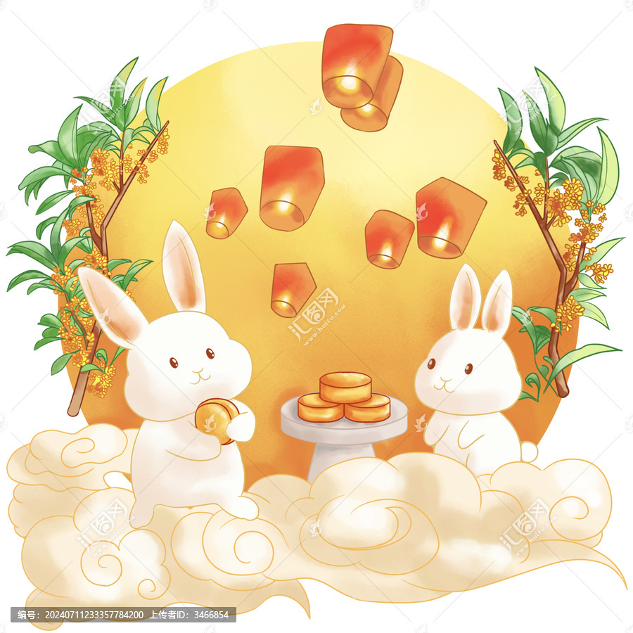 兔子月亮孔明燈桂花插畫
