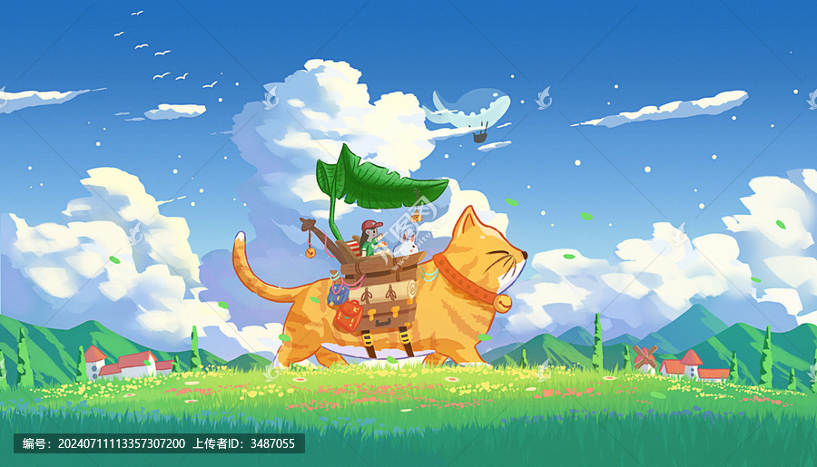 小喵咪一起旅行治愈系插畫