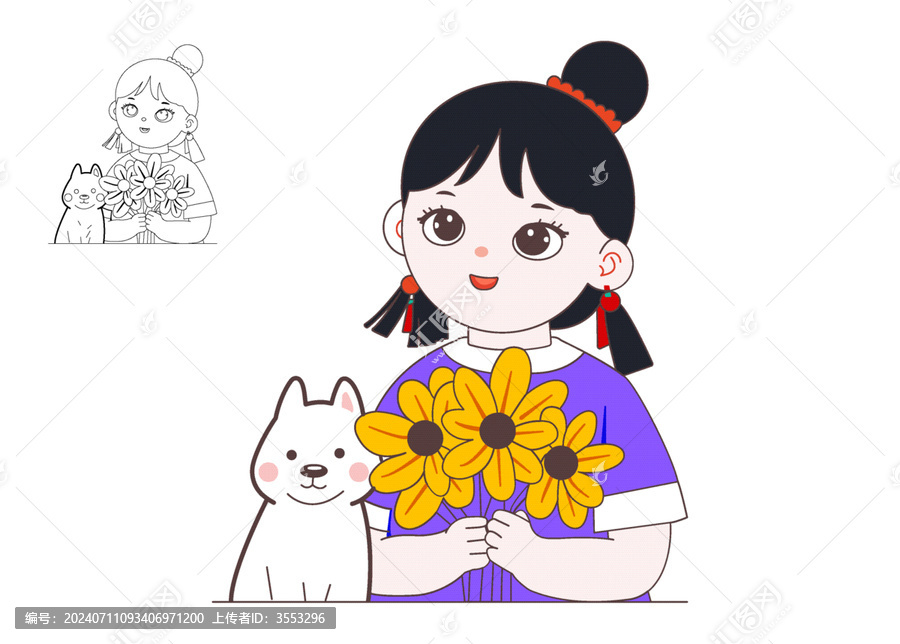 手繪卡通抱著鮮花的小女孩