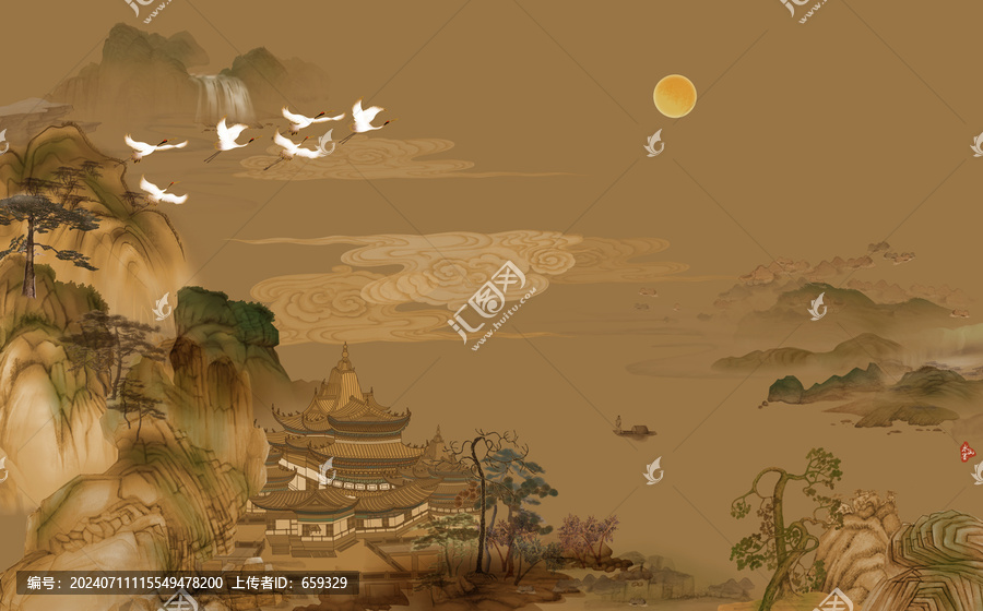 高端新中式國(guó)畫(huà)山水背景墻