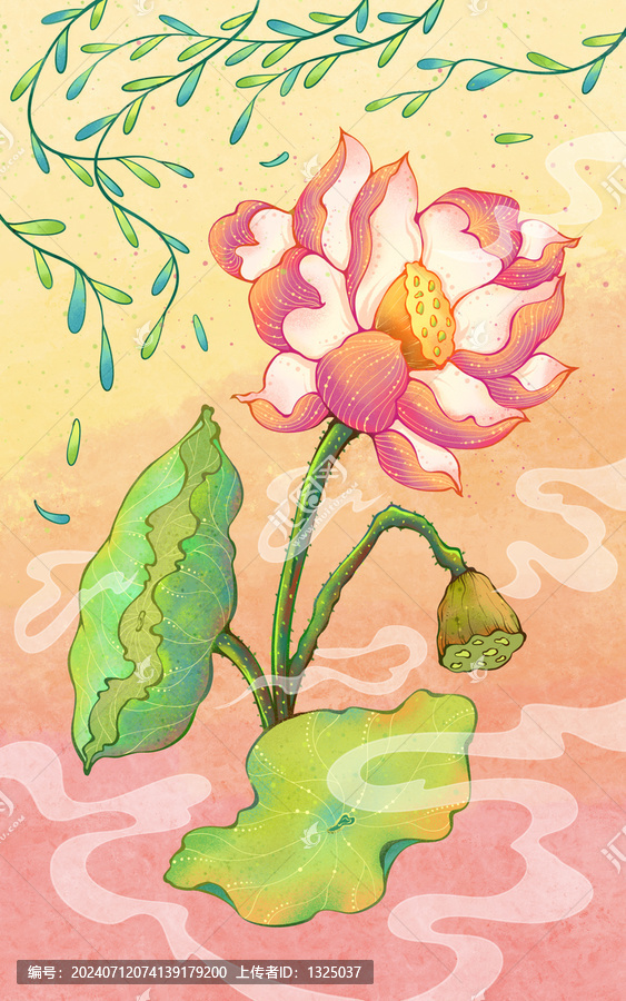 原創(chuàng)夏天蓮花插畫精細分層文件