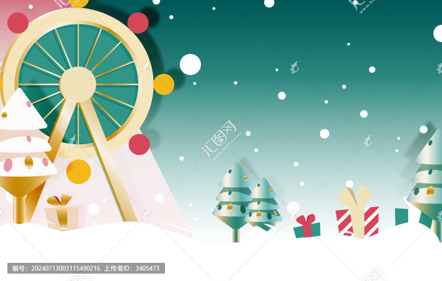 下雪天摩天輪下的圣誕樹和禮物盒