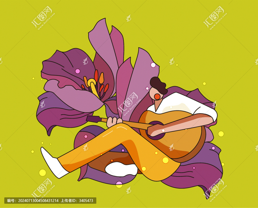 巨大紫色花朵下彈吉他的男孩
