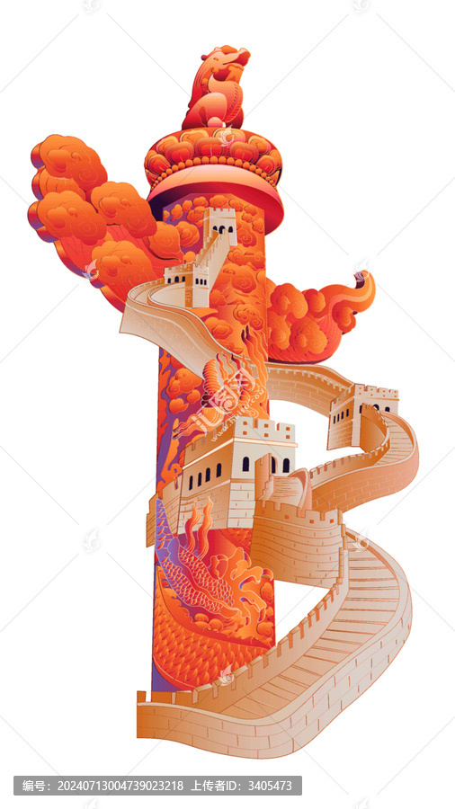 鑲嵌的長城和中國紅華表矢量插畫