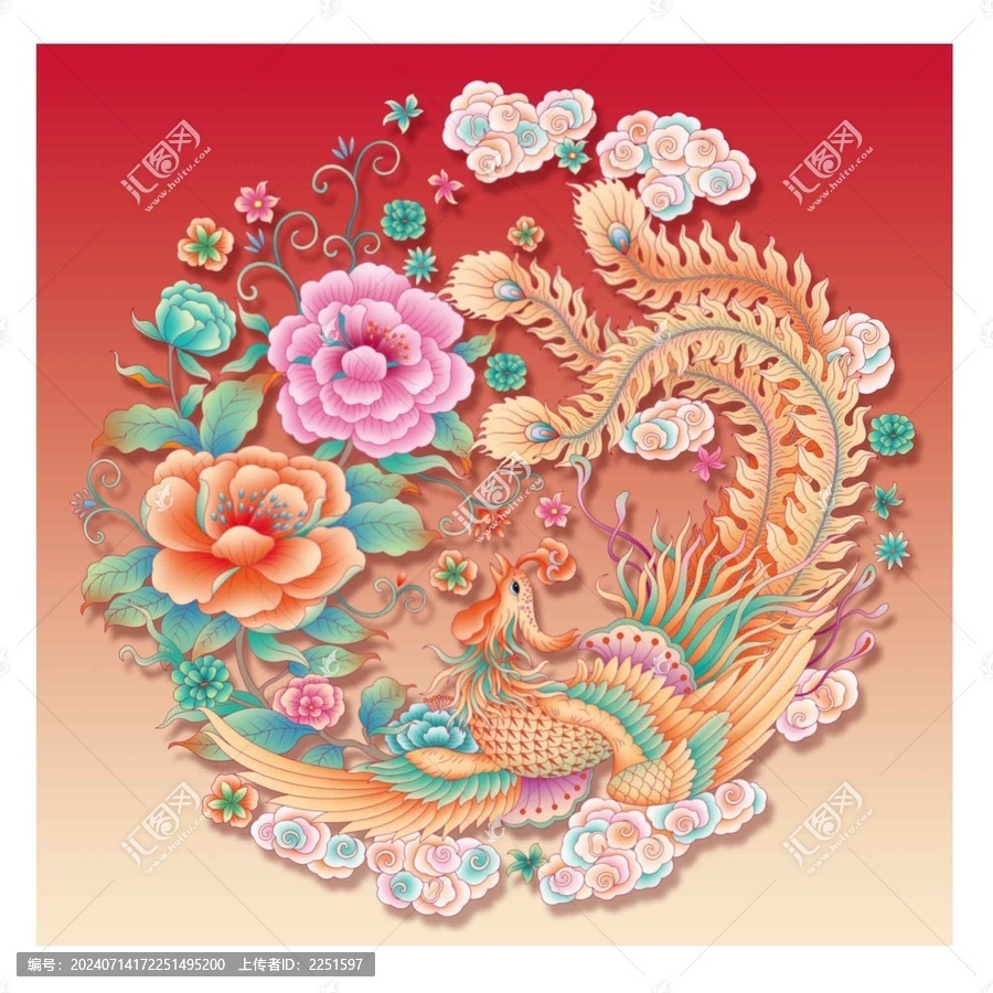 單鳳團花吉祥紋飾插畫
