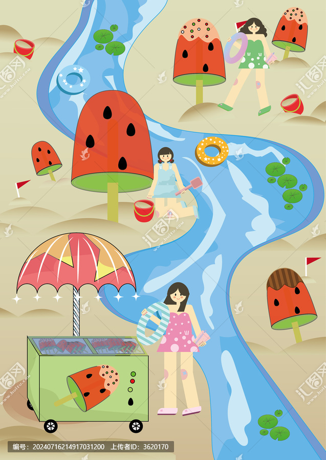 夏季海邊節(jié)氣大暑戶外沙灘插畫
