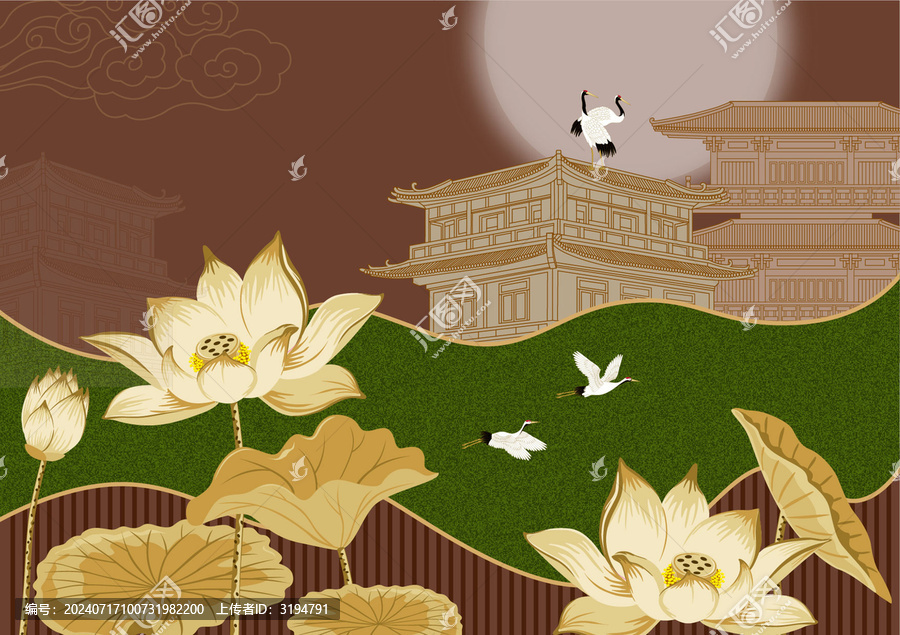 水墨荷花樓閣矢量插畫(huà)