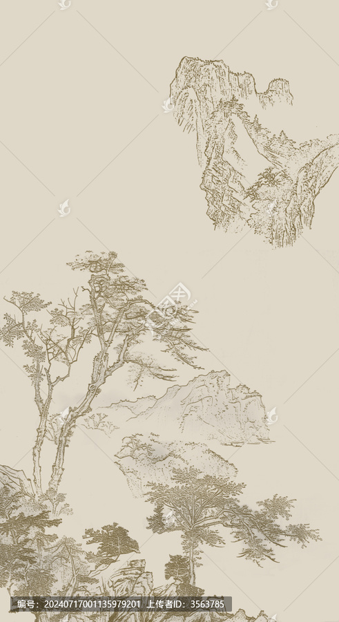 工筆線描山水松鶴圖工筆山水畫