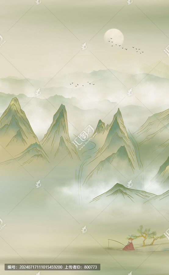 青綠古風山水畫