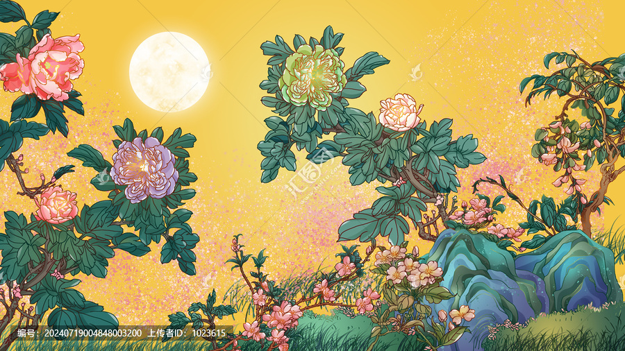 中秋牡丹花好月圓場景插畫