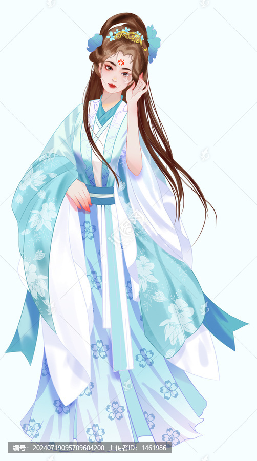 藍色國風插畫美女