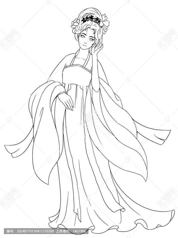 線條手繪插畫國風(fēng)盤發(fā)美女人物