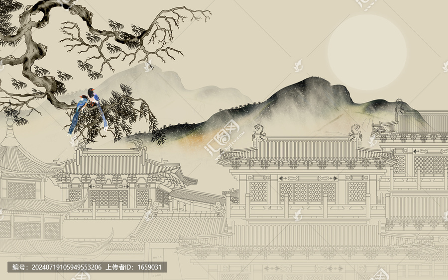 樓閣山水線描
