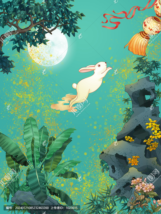 中秋玉兔夜晚風景園林插畫