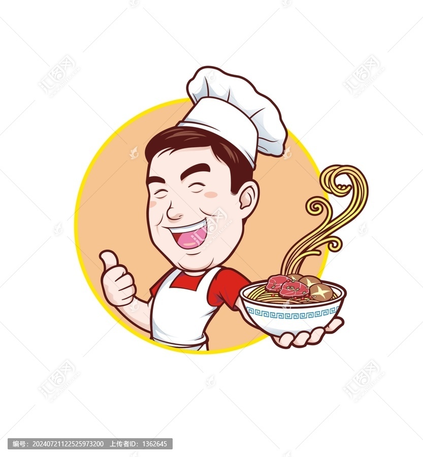 卡通中年男廚師端碗面頭像矢量圖