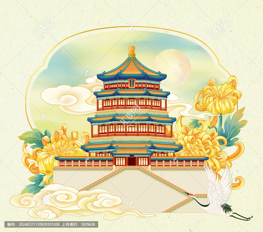 北京頤和園古建筑國(guó)潮插畫(huà)