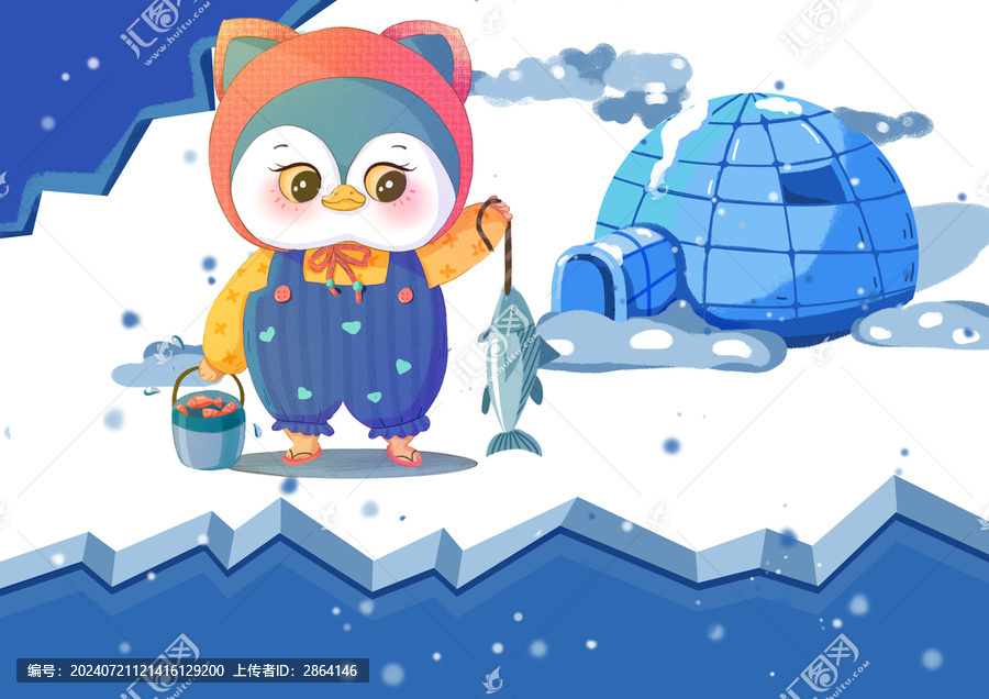 卡通北極企鵝抓魚插畫