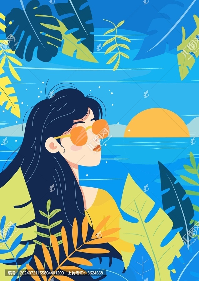 矢量插畫(huà)夏季海邊戴墨鏡的女孩