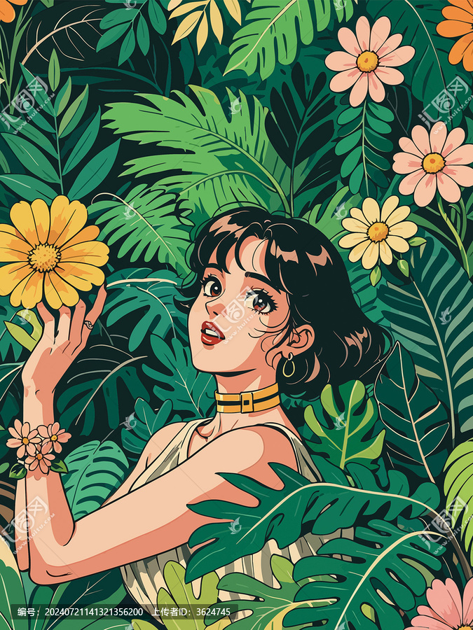 摘花的少女唯美插畫