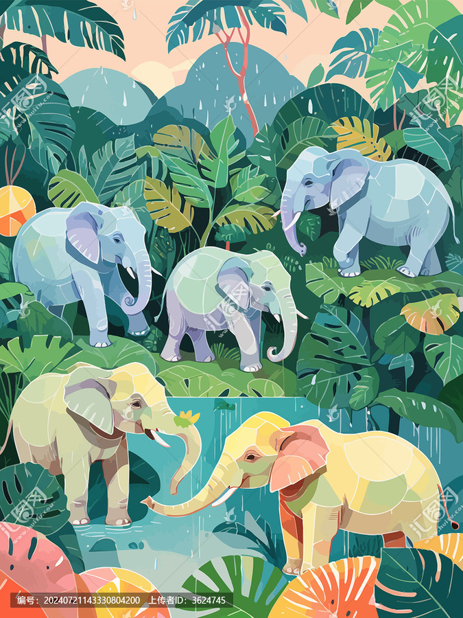 動物園亞洲大象群幾何插畫