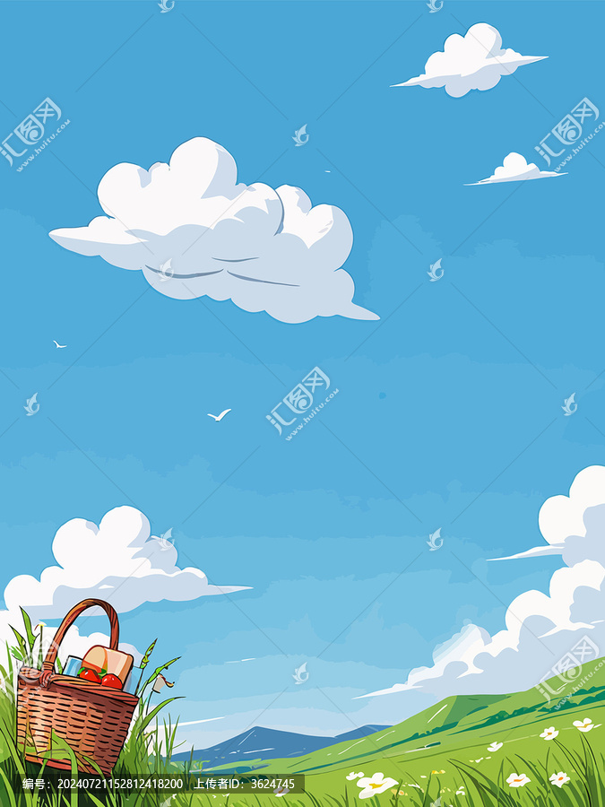 籃天白云草地小花野外風景背景