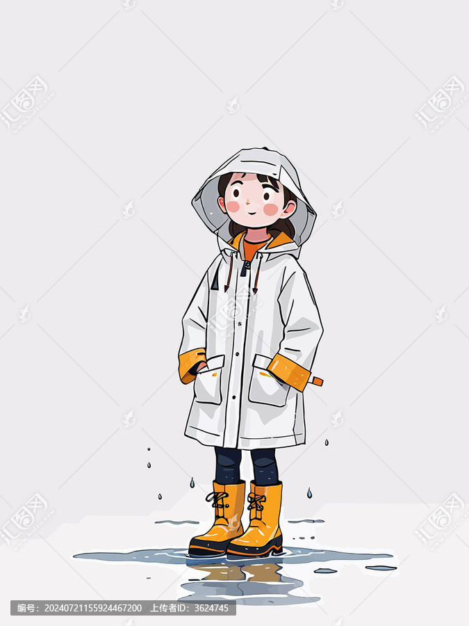 穿著雨衣雨鞋踩水的可愛小女孩