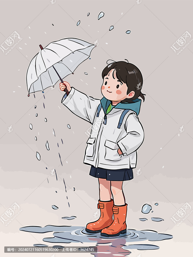 下雨天打傘玩水的小男孩
