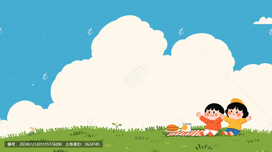 藍(lán)天草地上野餐的兩個(gè)小朋友