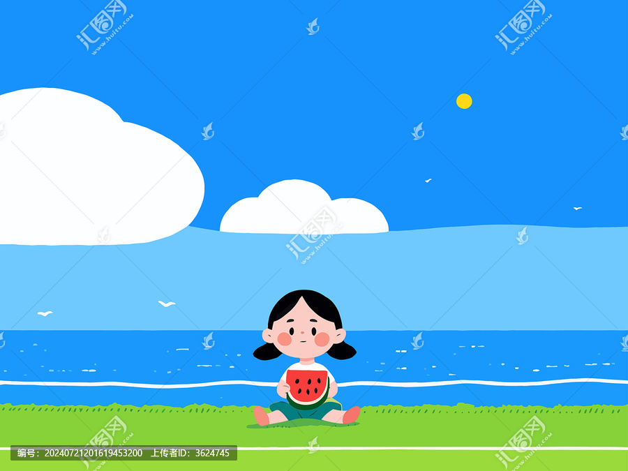 坐在海邊草地上吃西瓜的可愛女孩
