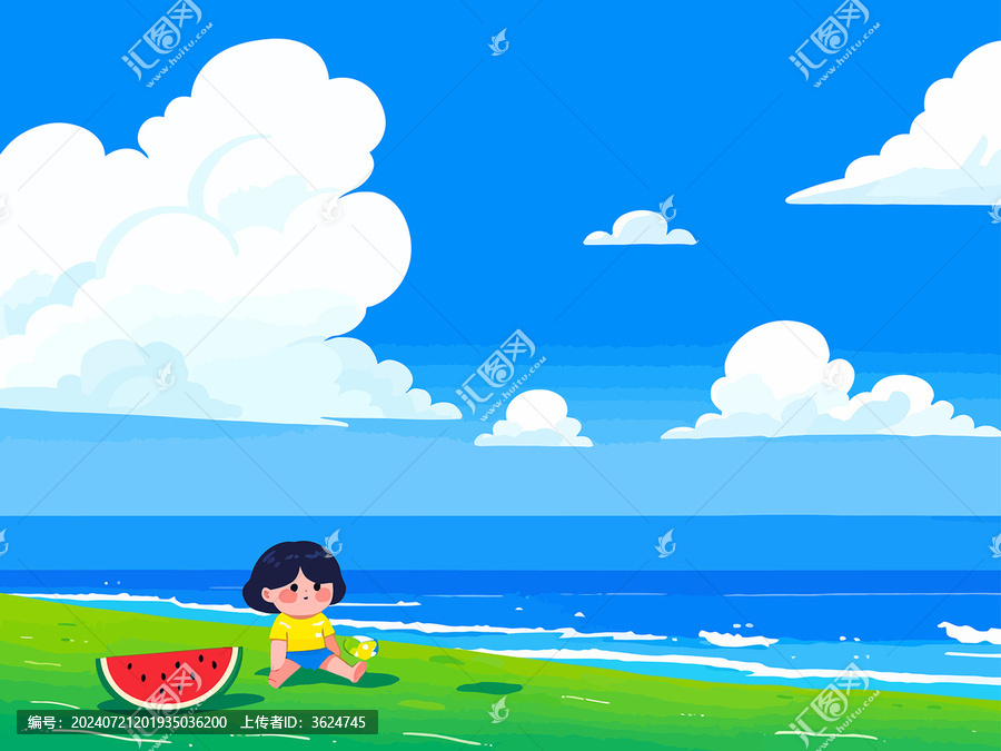 坐在海邊的小女孩地上有西瓜
