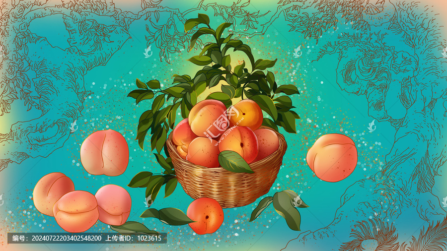 水蜜桃水果豐收國風(fēng)包裝素材插畫