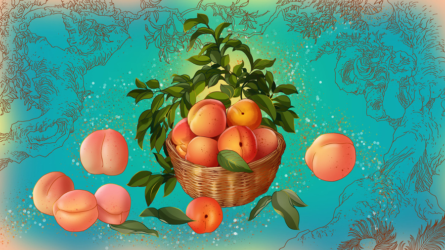 水蜜桃水果豐收國風(fēng)包裝素材插畫