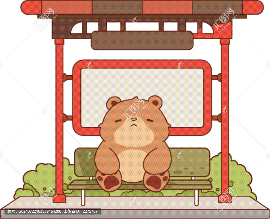 小熊在公交站睡著了扁平矢量