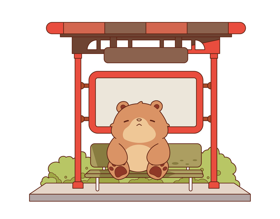 小熊在公交站睡著了扁平矢量