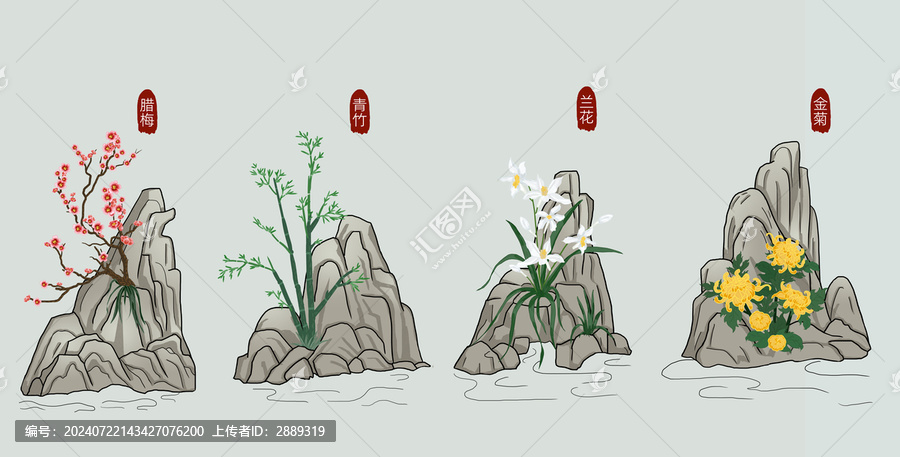 手繪花中四君子梅蘭竹菊
