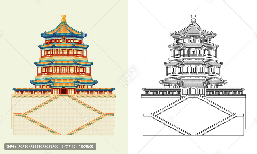 北京頤和園佛香閣線描素材