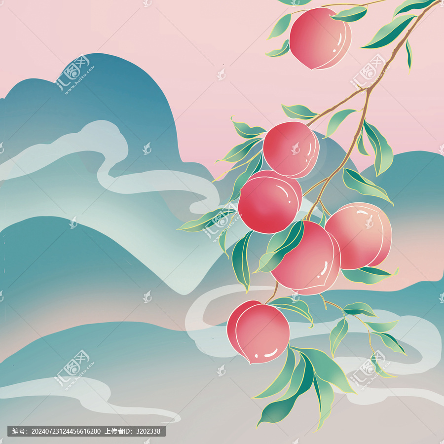 國潮水蜜桃中國風包裝插畫