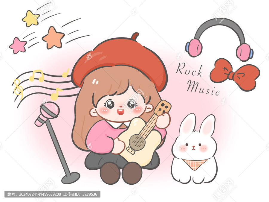 治愈卡通女孩兔子吉他音樂(lè)插畫(huà)