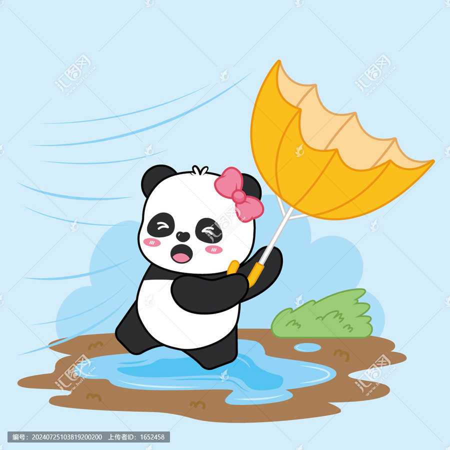 可愛卡通熊貓刮風(fēng)打傘矢量插畫