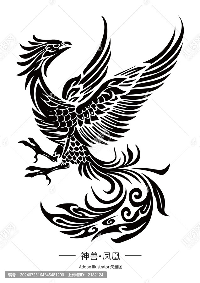 鳳凰手繪素描神話鳥朱雀矢量圖