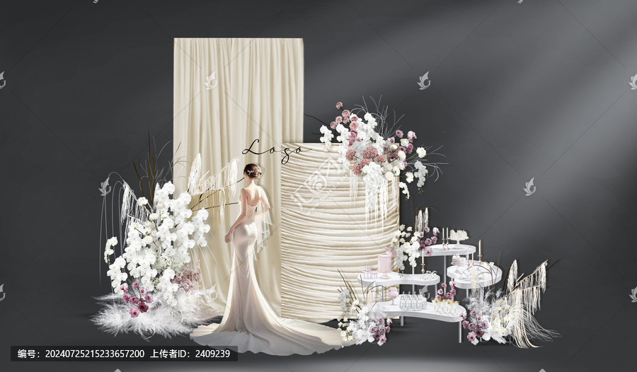 粉白色韓式婚禮布幔合影區(qū)