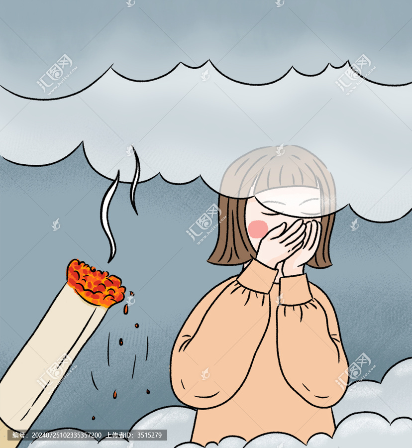 煙霧中女孩雙手捂著口鼻插畫