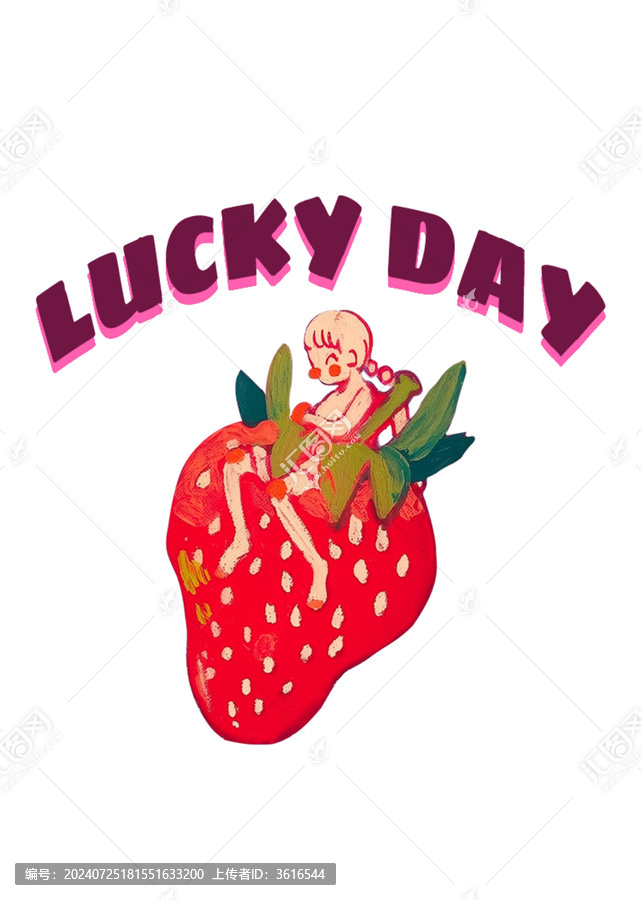 插畫卡通小女孩與草莓印花素材