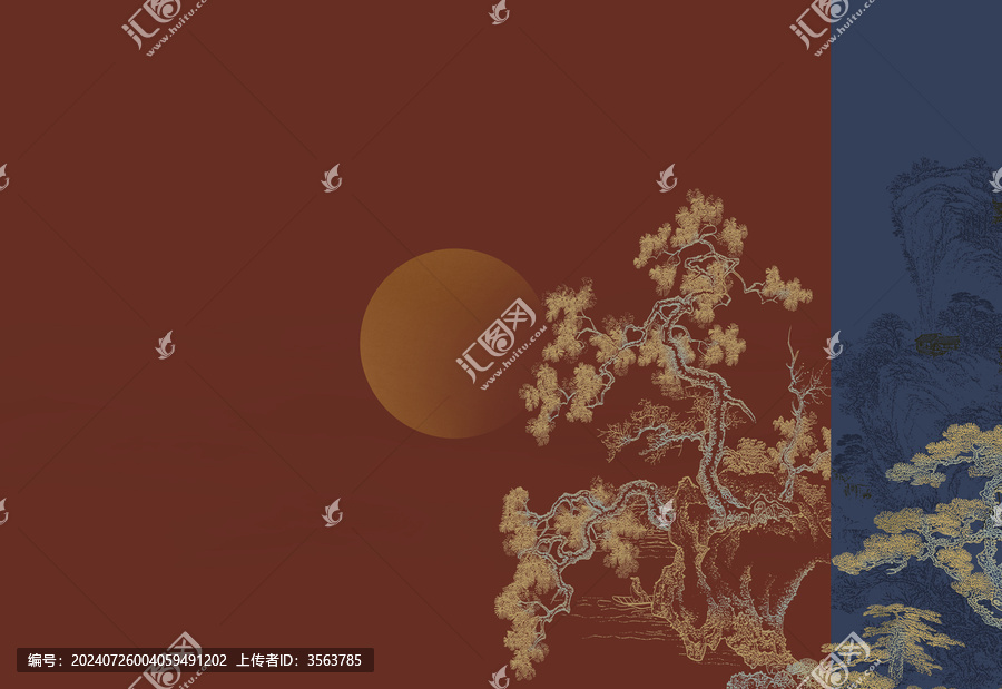 新中式線描古建筑山水壁畫(huà)墻畫(huà)