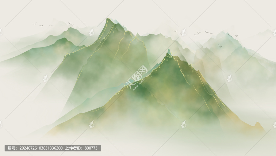 大氣青綠山峰水墨畫