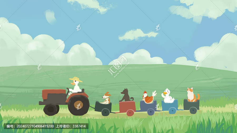 小動物草原坐車插畫