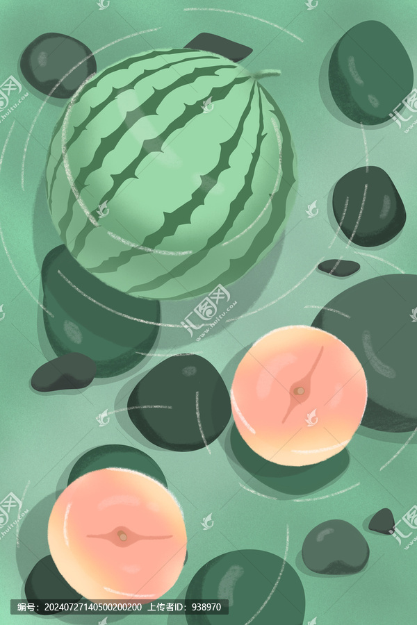 夏天小溪西瓜桃子