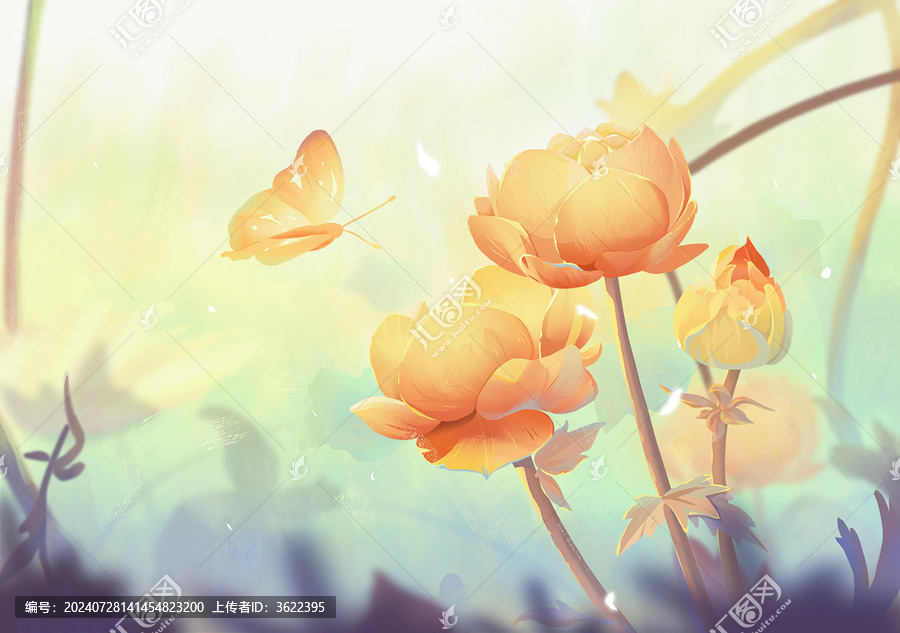 清新明媚的花與蝴蝶插畫