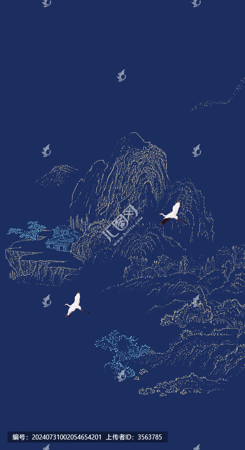 工筆玄關線描山水禪意山水畫